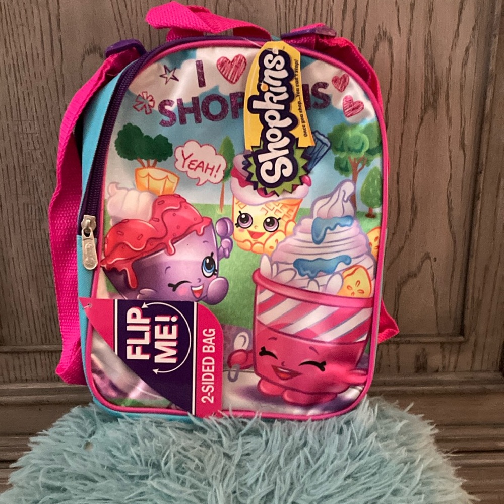 Shopkins Pink Purple Blue Kids Backpack - Flip Me 2-Sided Bag